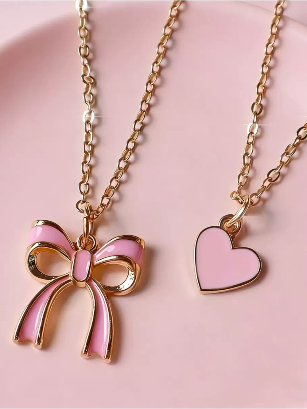 Pink Enamel Bow and Heart Pendant Necklace Duo - Gold Tone